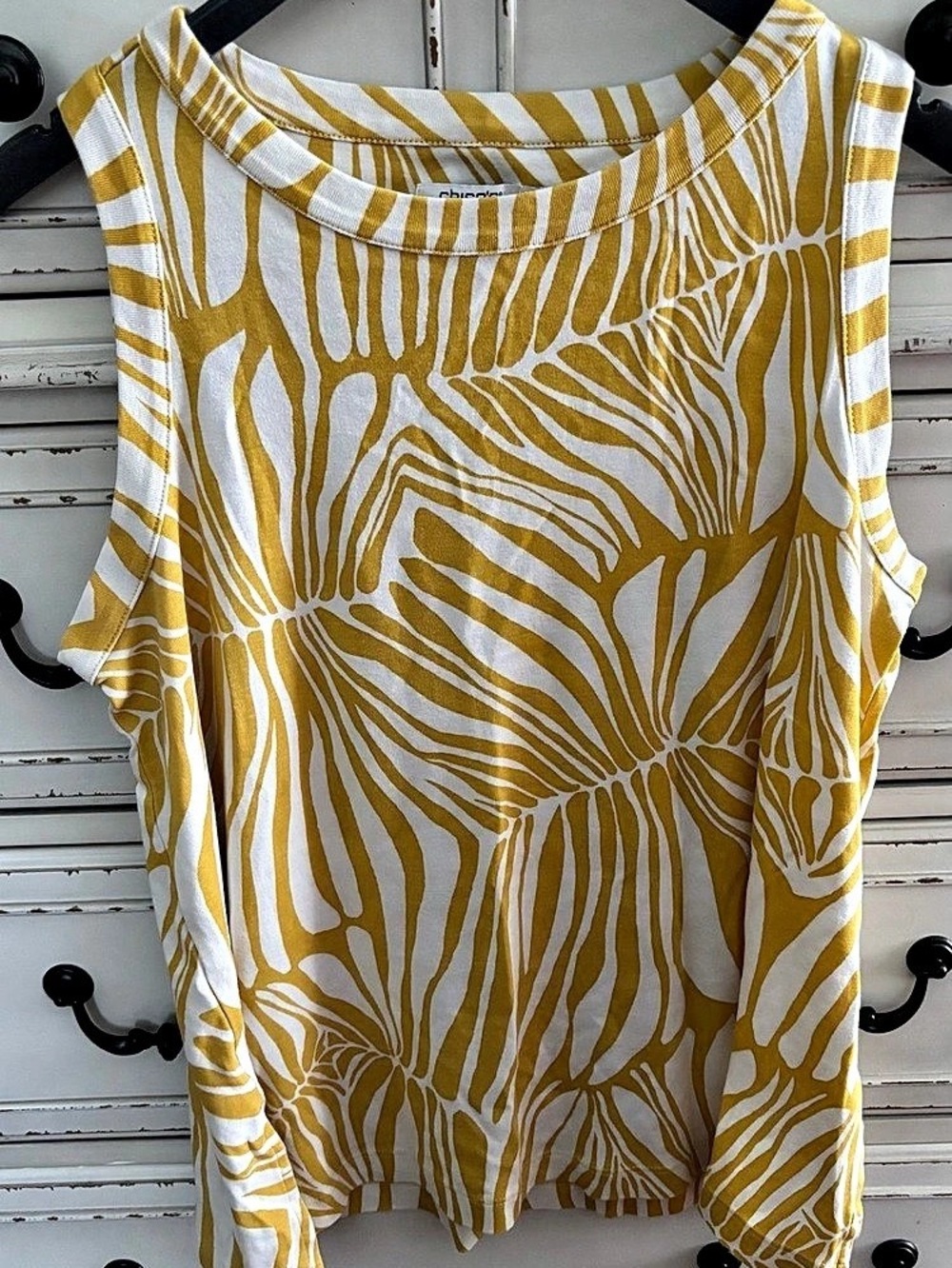 Chico's Palm Front Cotton Button Tank Abstract Cotton Tank in Yellow & White